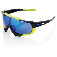 100% Speedtrap Sunglasses Soft Tact Black/Yellow With Blue Lens