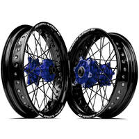 SM Pro Yamaha WRF250 03-19/WRF450 03-18 17X3.50/17X4.25 Black/Blue Cush Wheel Set (Black Spokes)