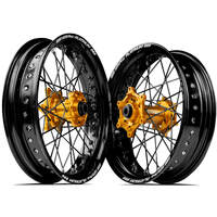 SM Pro KTM-Husqvarna-GasGas 17X3.50/17X4.25 Black/Gold Wheel Set (Black Spokes)