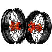 SM Pro KTM-Husqvarna-GasGas 17X3.50/17X4.25 Black/Orange Wheel Set (Black Spokes)