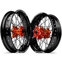 SM Pro KTM-Husqvarna-GasGas 17X3.50/17X4.25 Black/Orange Cush Wheel Set (Black Spokes)