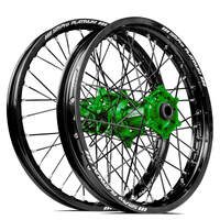 SM Pro Kawasaki KX125-250/KXF250-450 2006-2024 21X1.60/18X2.15 Black/Green Wheel Set (Black Spokes)